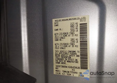 2022 Nissan Rogue Sv Intelligent Awd z USA, uszkodzony, nr VIN 5N1BT3BB0NC684968